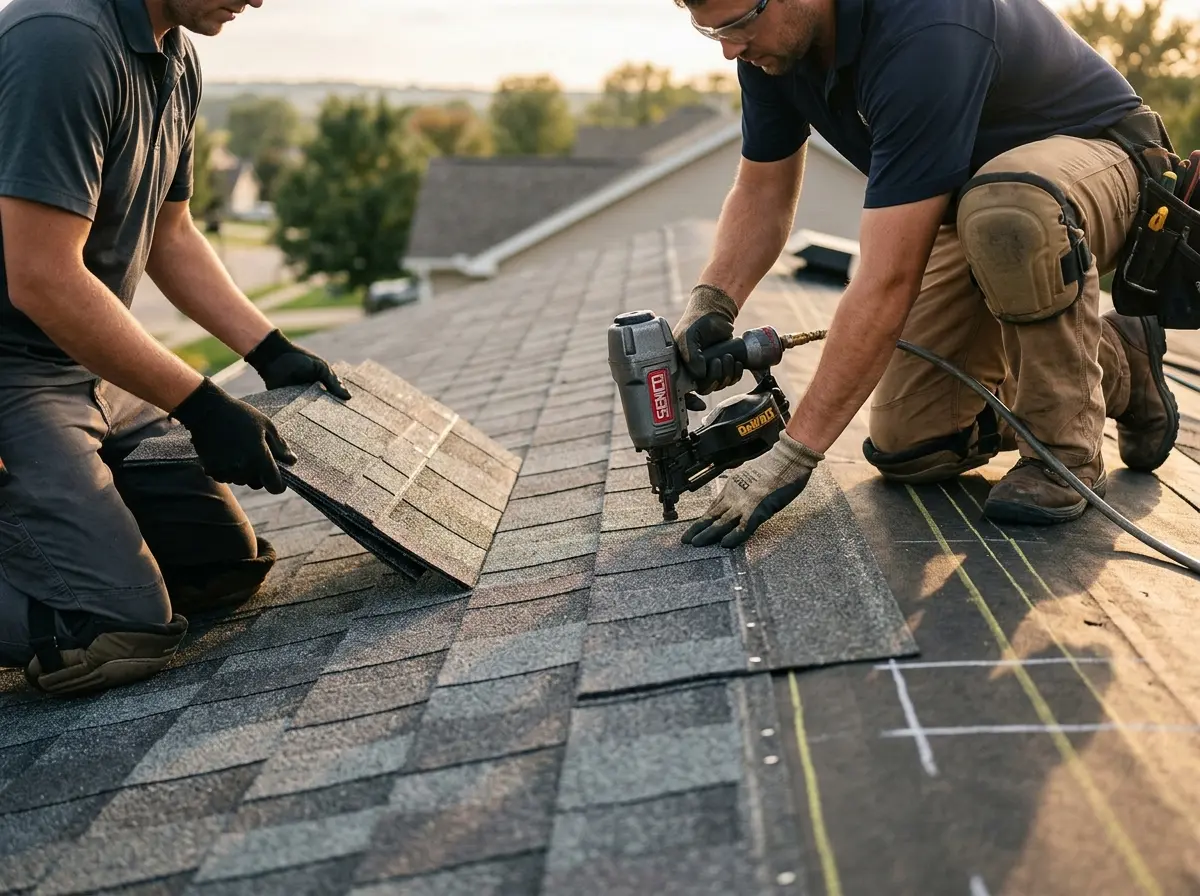 Professional roofer working on a residential roof in Eureka